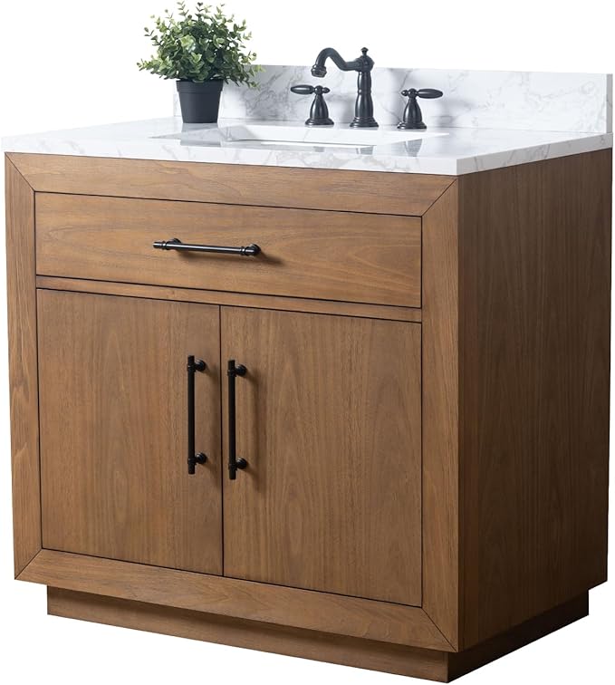 Vanity Art 36 inch Bathroom Vanity with Sink, Vanity Cabinet with Doors and Removable Shelf, Modern Wood Cabinet with White Marble Top, Solid Wood Frame, Ceramic Sink VA70-36-T-E
