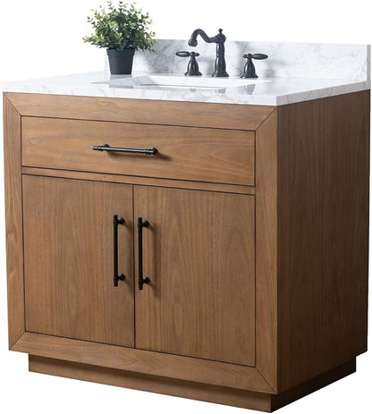 Vanity Art 36 inch Bathroom Vanity with Sink, Vanity Cabinet with Doors and Removable Shelf, Modern Wood Cabinet with White Marble Top, Solid Wood Frame, Ceramic Sink VA70-36-T-E