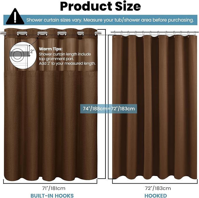 SORTTO No Hook Shower Curtain with Snap in Liner Set Waffle Shower Curtain for Bathroom Hotel Style Fabric Waterproof Inner Liner，71" W x 74" H, Brown