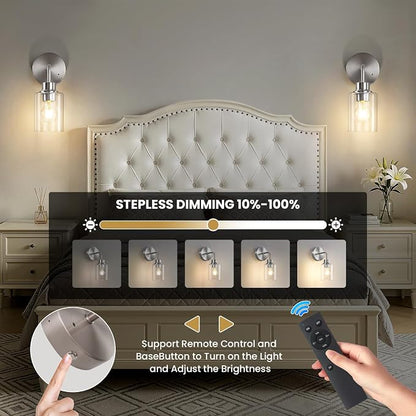 Epinl Battery Operated Wall Sconce Set of Two - Brushed Nickel Rechargeable Wireless Wall Sconces with Remote Control, Cordless Wall Lights 3000K Wall Lamp for Bedroom Bathroom Living Room