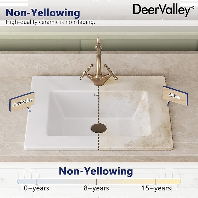 DeerValley Rectangle Drop-In Bathroom Sink 21x18 Inch, White Ceramic Vessel with Overflow and Pre-Drilled Faucet Hole