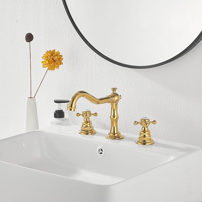GGStudy 2 Handles 3 Holes Faucet Widespread Bathroom Sink Faucet Polished Gold Basin Tap Mixer Supply Hose Included Matching Metal Pop Up Drain