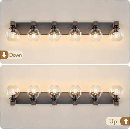 LmnLvn Bathroom Light Fixtures, Farmhouse Wood & Metal with Globe Glass | 6-Light Rustic Vanity Lights,Easy To Install, Mounted Over Mirror for Bathroom, Bedroom & Hallway