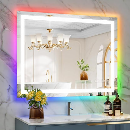 40x30 LED Bathroom Mirror with Lights, RGB Backlit Lighted Mirror | Backlit and Front Light, Anti-Fog, 3 Color Dimmable, Memory, Tempered Glass, IP54 Waterproof, UL Listed