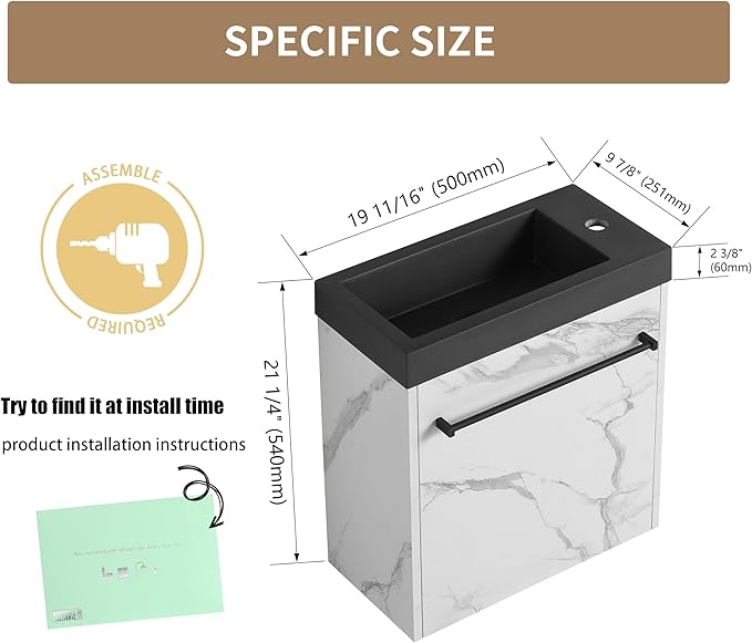 20'' Wall Mount Bathroom Vanity, 20 Inch Floating Single Sink Bathroom Combo, with Black Resin Sink and Soft Closing Cabinet Door and Open Storage Shelf, Carrara White