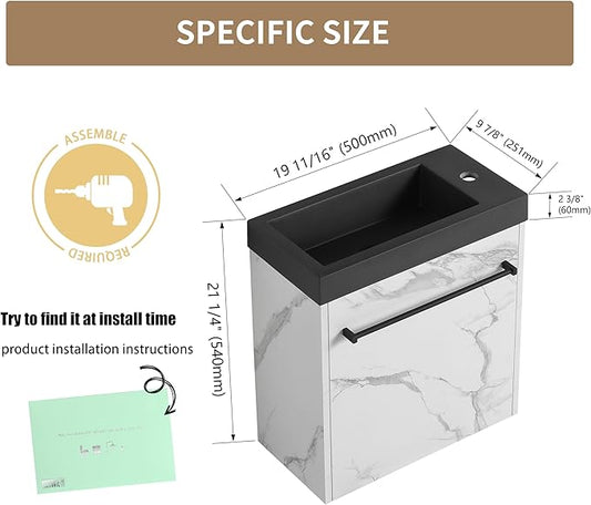 20'' Wall Mount Bathroom Vanity, 20 Inch Floating Single Sink Bathroom Combo, with Black Resin Sink and Soft Closing Cabinet Door and Open Storage Shelf, Carrara White