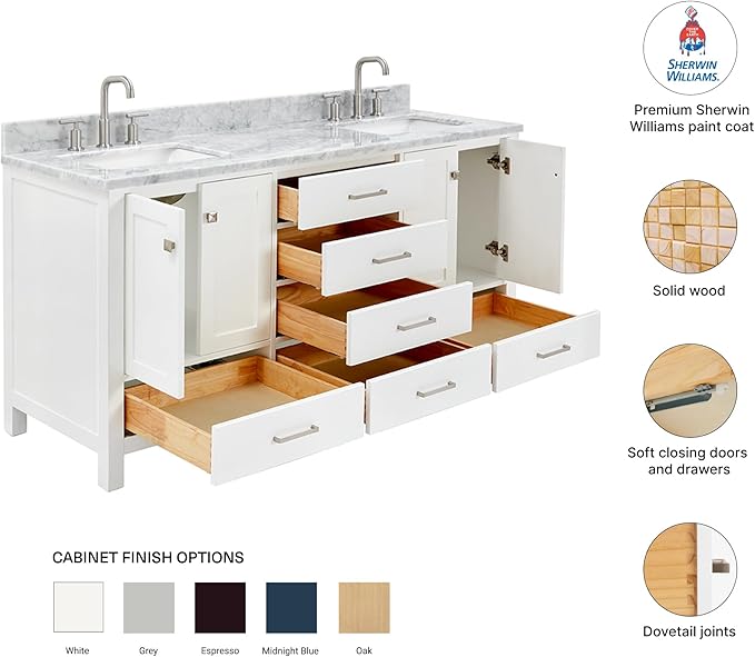 DKB Beckford 67-Inch White Double Bathroom Vanity, Italian Carrara Marble Countertop & Backsplash, 2 Rectangular Undermount Sinks, 4 Soft Closing Doors, 6 Dovetail Drawers, Brushed Nickel Hardware