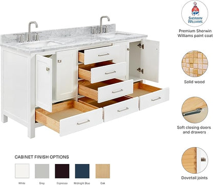 DKB Beckford 67-Inch White Double Bathroom Vanity, Italian Carrara Marble Countertop & Backsplash, 2 Rectangular Undermount Sinks, 4 Soft Closing Doors, 6 Dovetail Drawers, Brushed Nickel Hardware