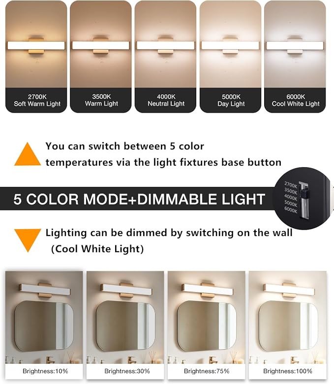16" LED Bathroom Vanity Light, 10W 5CCT Dimmable, Brushed Nickel | Wall Bar Light, Rust & Moisture Resistant, Dimmable 2700K-5000K, Energy-saving, moisture-proof, Dresser Bathroom over Mirror