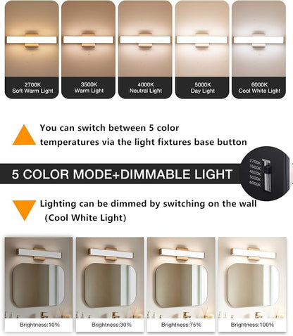 16" LED Bathroom Vanity Light, 10W 5CCT Dimmable, Brushed Nickel | Wall Bar Light, Rust & Moisture Resistant, Dimmable 2700K-5000K, Energy-saving, moisture-proof, Dresser Bathroom over Mirror