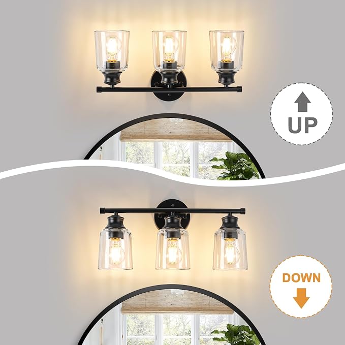 Bathroom Light Fixtures Over Mirror, 3 Lights Vanity Lights with Clear Glass Shade, 18.1" Matte Black Farmhouse Bathroom Wall Light Fixtures for Bedroom, Porch, Hotel, Mirror Cabinet