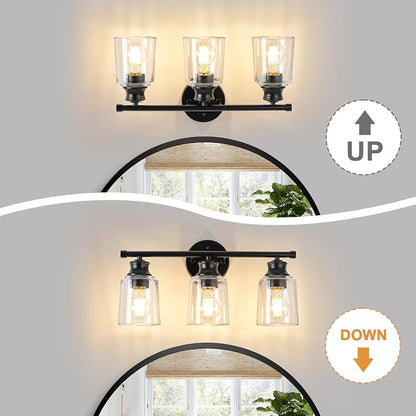 Bathroom Light Fixtures Over Mirror, 3 Lights Vanity Lights with Clear Glass Shade, 18.1" Matte Black Farmhouse Bathroom Wall Light Fixtures for Bedroom, Porch, Hotel, Mirror Cabinet