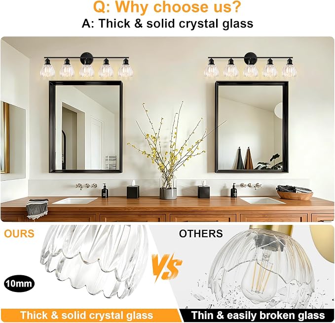Bathroom Light Fixtures, 5-Light Brushed Black Vanity Lights for Bathroom with Clear Tulip Glass Shade, 30" Vintage Bathroom Vanity Lighting Fixtures Over Mirror for Bedroom Living Room Hallway