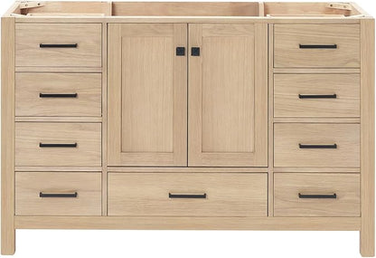 ARIEL Cambridge 54-inch Bathroom Vanity Base Cabinet,Solid Wood, 2 Soft Closing Doors, 9 Dovetail Drawers, White Oak