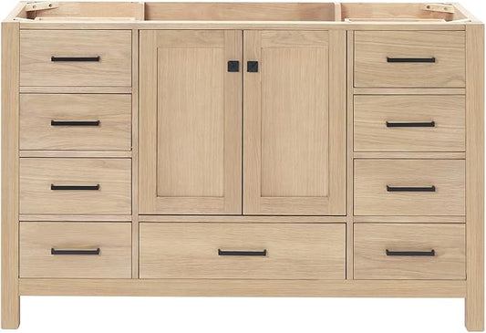 ARIEL Cambridge 54-inch Bathroom Vanity Base Cabinet,Solid Wood, 2 Soft Closing Doors, 9 Dovetail Drawers, White Oak