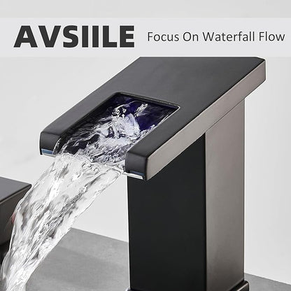 LED Bathroom Faucet 3 Hole, Matte Black Waterfall Bathroom Faucets, 8 Inch Widespread Modern Bathroom Sink Faucet & Parts, Wide Spread Touch On Three Hole 2 Handle Bathroom Vanity Faucet