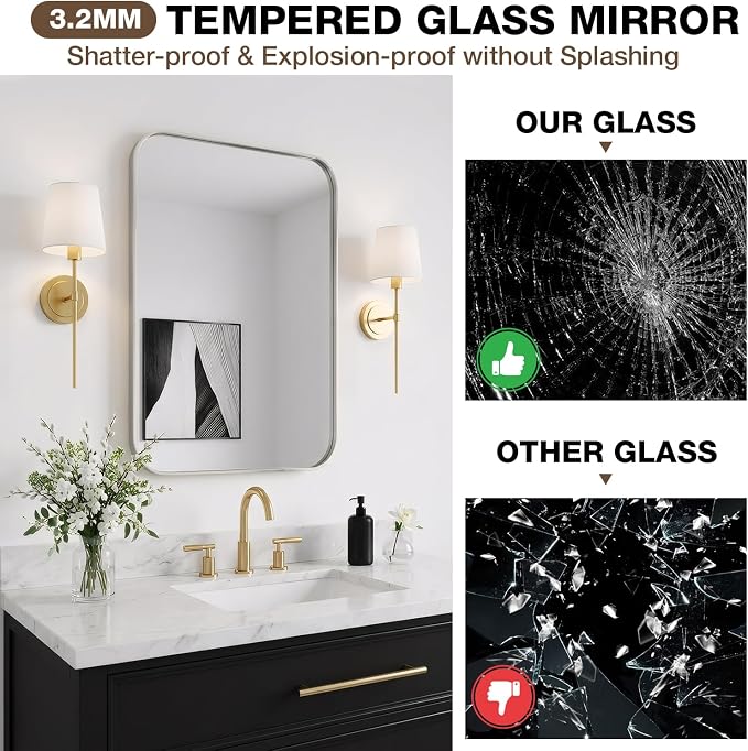 16"x20" Bathroom Mirror for Over Sink, Brushed Nickel Vanity Mirror | Aluminum Alloy Frame, Clear Reflection, Rust-Resistant, Vertical or Horizontal, Wall Mount, Bedroom and Entryway