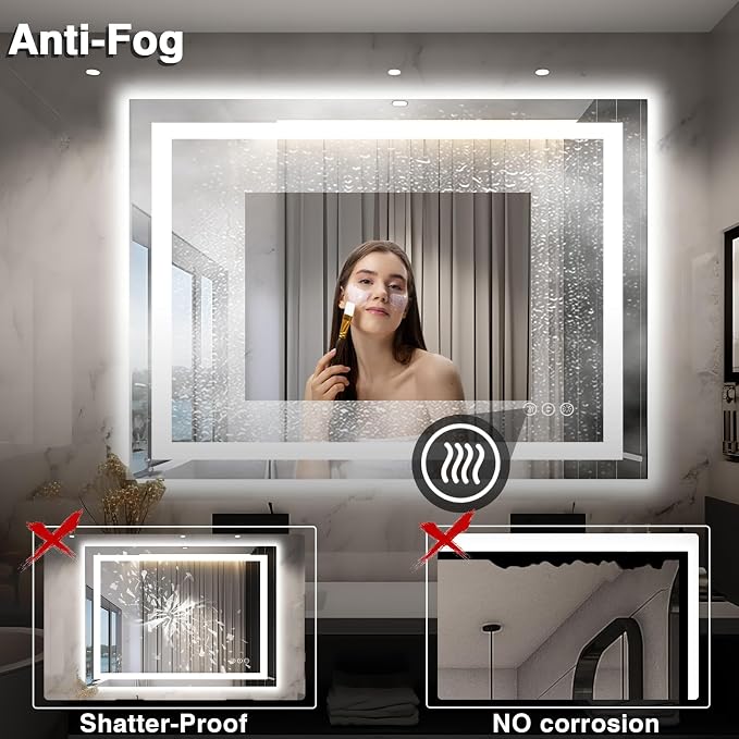 EchosLife 48"x40" LED Lighted Bathroom Mirror | Backlit + Front Lit, Anti-Fog, Stepless Dimmable, 3 Colors, Memory, Tempered Glass, UL Listed, Horizontal/Vertical