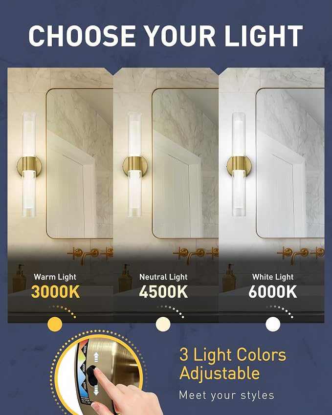 kudos 2-Pack Brushed Gold LED Vanity Lights, Clear and Frosted Glass, 3CCT | 11W,1100 Lumens, 3000K, 4500K and 6000K Selectable, Hardwired, for Bathroom, Bedroom and Over Mirror, KDVL06-GD-2-2PK