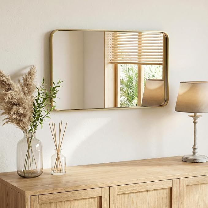 Sweetcrispy Bathroom Mirror 36x24 Inch, Vanity Mirror for Wall | Metal Framed Rounded Rectangle, Over Sink, Farmhouse, Restroom, Anti-Rust, Horizontal or Vertical Hanging, Gold