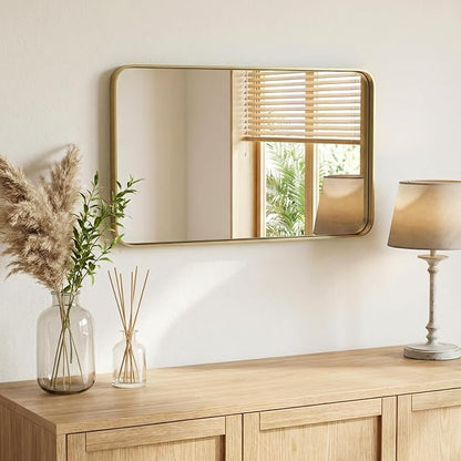 Sweetcrispy Bathroom Wall Mirror, 36x24 Inch Mirror for Over Sink, Gold | Modern Wall Mount Vanity Mirror, Rounded Rectangle with Matte Brush Metal Framed, for Home Decor, Living Room, Bedroom