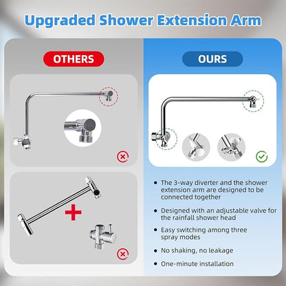 8" Metal Rainfall Shower Head with 10-Mode Handheld, Chrome | NSF/ANSI/CAN 372 Certified, High Pressure Showerhead Combo with 11" Adjustable Shower Arm, 71" Hose, Shower Head Holder