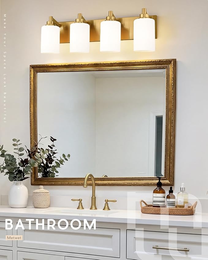 4-Light Bathroom Light Fixtures, 24.5 Inch Brushed Gold Vanity Light with Cylinder Milk White Glass Shade, Modern Vanity Lighting Fixtures Over Mirror, VL143-BG-ML-4
