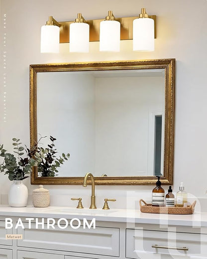 4-Light Bathroom Light Fixtures, 24.5 Inch Brushed Gold Vanity Light with Cylinder Milk White Glass Shade, Modern Vanity Lighting Fixtures Over Mirror, VL143-BG-ML-4