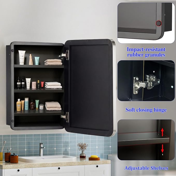 24" x 36" Bathroom Medicine Cabinet with Mirror Door, Brush Silver Stainless Steel Frame, Recessed or Surface Mounted,Storage Cabinet with Adjustable Metal Shelves,Upgraded Version