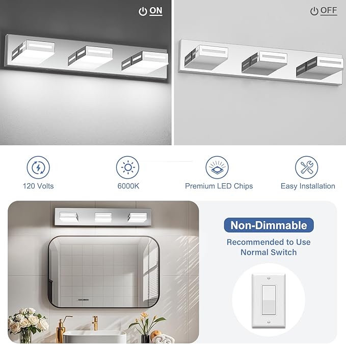 LED Modern Bathroom Light Fixtures, 3-Light 24-Inch Chrome Vanity Lights for Bathroom Lighting Fixtures Over Mirror, 350° Rotatable Acrylic, 6000K Cool White Wall Lamp