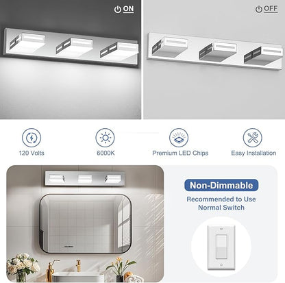 LED Modern Bathroom Light Fixtures, 3-Light 24-Inch Chrome Vanity Lights for Bathroom Lighting Fixtures Over Mirror, 350° Rotatable Acrylic, 6000K Cool White Wall Lamp