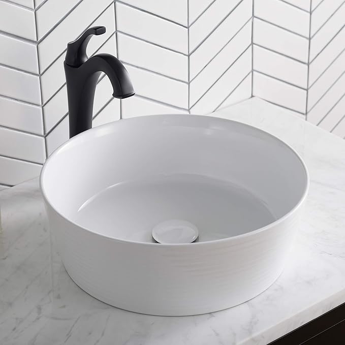 KRAUS Viva™ Round White Porcelain Ceramic Vessel Bathroom Sink, 15 3/4 in. D x 5 3/8 in. H, KCV-205GWH