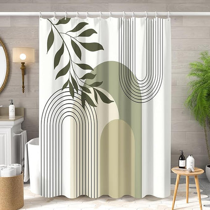 Boho Sage Green Shower Curtain Mid Century Modern Abstract Plant Botanical Bathroom Curtain Minimalist Neutral Geometric Arch Bath Decor Polyester Set with Hooks 72x72 inch