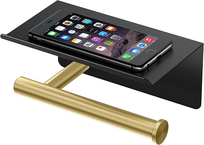 Gatco 1420MXB Latitude II Toilet Paper Holder with Phone Shelf, Wall Mounted Bathroom Tissue Holder, Matte Black/Brushed Brass