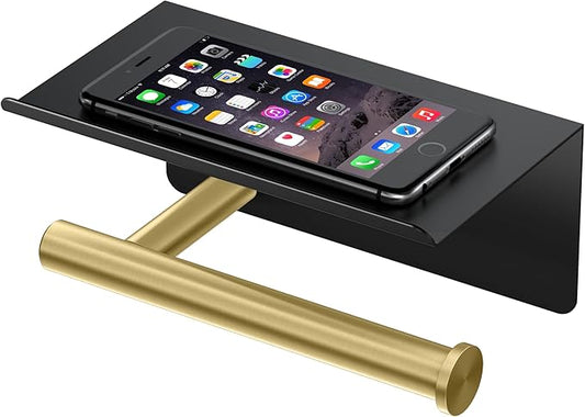 Gatco 1420MXB Latitude II Toilet Paper Holder with Phone Shelf, Wall Mounted Bathroom Tissue Holder, Matte Black/Brushed Brass