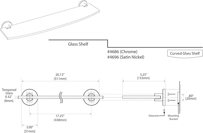 Gatco 4686 Channel Glass Shelf, Chrome/Wall Mounted 20.13" X 5.25" Tempered/Floating Rectangle Glass Shelf for Bathroom