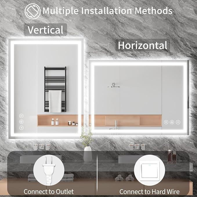 Koonmi 36x32 LED Bathroom Mirror with Light, Anti-Fog, 3 Colors | Backlit + Front Lit, Dimmable Brightness, Shatterproof HD Distortion-Free Tempered Glass, Hardware Included