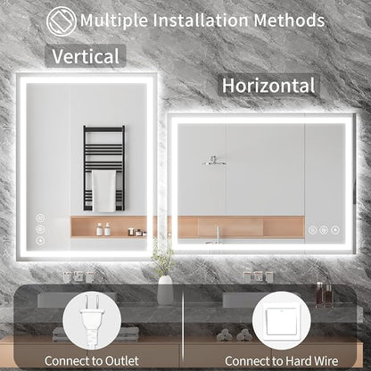 Koonmi 36x32 LED Bathroom Mirror with Light, Anti-Fog, 3 Colors | Backlit + Front Lit, Dimmable Brightness, Shatterproof HD Distortion-Free Tempered Glass, Hardware Included