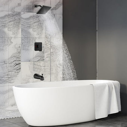 Heyalan 6 Inch Shower Faucet Set with Tub Spout and Valve,Matte Black | 6-inch square rainfall head, tub spout with diverter, male-thread rough-in valve, single-handle control and wall-mount design