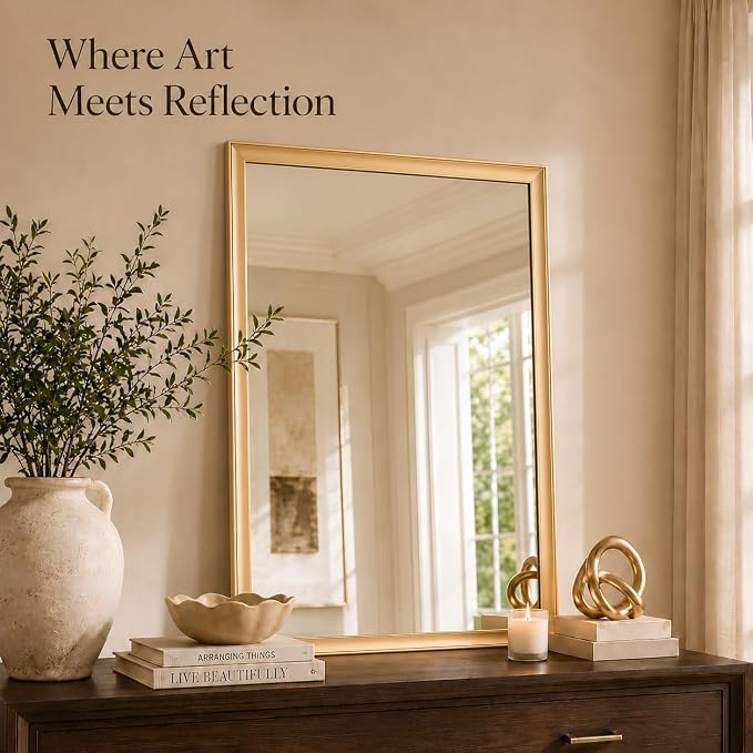 Brushed Gold Bathroom Mirrors for Over Sink 30x40 Inch | Curved Aluminum Frame Rectangle Vanity Mirror for Bedroom Living Room Entryway, HD Tempered Glass, Anti-Rust