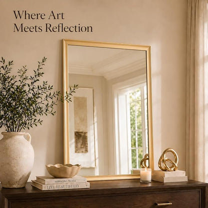 Brushed Gold Bathroom Mirrors for Over Sink 30x40 Inch | Curved Aluminum Frame Rectangle Vanity Mirror for Bedroom Living Room Entryway, HD Tempered Glass, Anti-Rust
