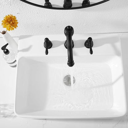 GGStudy 2 Handles 3 Holes Faucet Widespread Bathroom Sink Faucet Basin Tap Mixer Supply Hose Included Matching Pop Up Drain Matte Black
