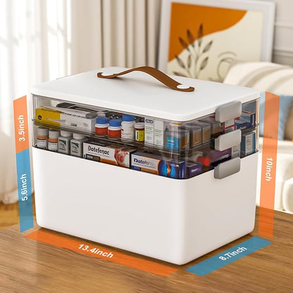 MOPUP 3-Tier Medicine Craft,Sewing,Art,Organizer Storage,Portable Latch Bin with Lid and Leather Handle,Pill Bottle, First Aid, A Household Essential