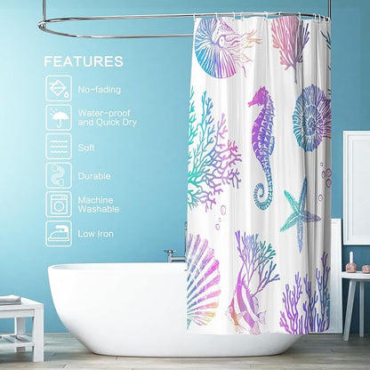Nautical Coastal Shower Curtain, Beach Shower Curtains Sea Horse Coral Turtle Starfish Seashell Conch Ocean Themed Kids ShowerCurtain Set Polyester Fabric Machine Washable Decor Bath curtains