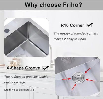 Friho 28 Inch Drop in Kitchen Sink, 28x18 Topmount Commercial Handmade 16 Gauge Single Bowl Stainless Steel Sink with Basket Strainer