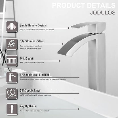 Vessel Sink Faucet Brushed Nickel, Single Handle Waterfall Tall Bathroom Sink Faucet Single Hole with cUPC Supply Hose and Pop Up Drain JU-BS101-BN