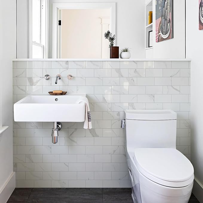 Vamos Tile 100-Piece Peel and Stick Backsplash Seamless Tile,3''x6'' Glossy Statury White Marble with White Grout PVC Subway Tile,Stick on Backsplash for Kitchen/Bathroom/Laundry Room