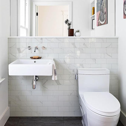 Vamos Tile 100-Piece Peel and Stick Backsplash Seamless Tile,3''x6'' Glossy Statury White Marble with White Grout PVC Subway Tile,Stick on Backsplash for Kitchen/Bathroom/Laundry Room