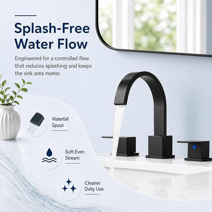 Widespread 8 Inch Matte Black Bathroom Sink Faucet, Waterfall Black Stainless Steel Bathroom Faucet for Sink 3 Hole, Vanity Lavatory Sink Faucets with Drain & Water Hoses