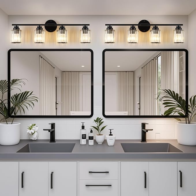 29.1" Black Vanity Light, 4-Light Bathroom Light Fixtures with Clear Crystal Shades, E26 Base Modern Black Wall Sconce, Vanity Lights for Bathroom Powder Room Bedroom Hallway
